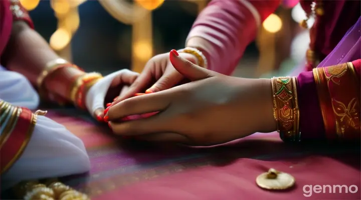    The camera zooms in on their hands interlocking, as they exchange heartwarming glances.   Indian decorations (perhaps during Navratri or a similar festival).