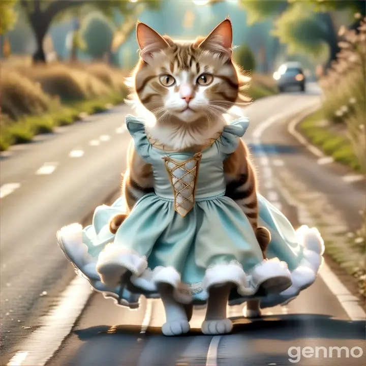 a cat in a dress is walking down the road