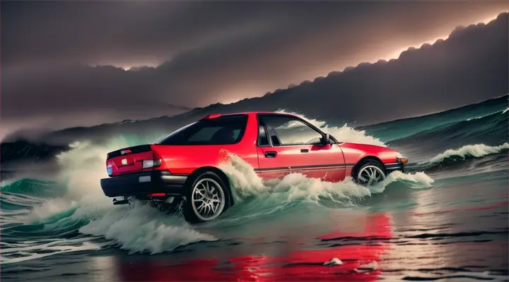 powerful huge waves wash over gray Toyota Corolla AE86, hiding car from view, carrying the car into the water --anime style --background - neon city on fire, heavy rain and wind, night
