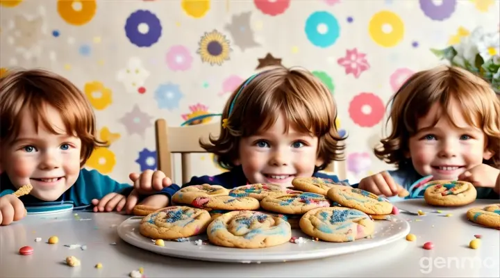 a group of children sitting at a table with a plate of cookies