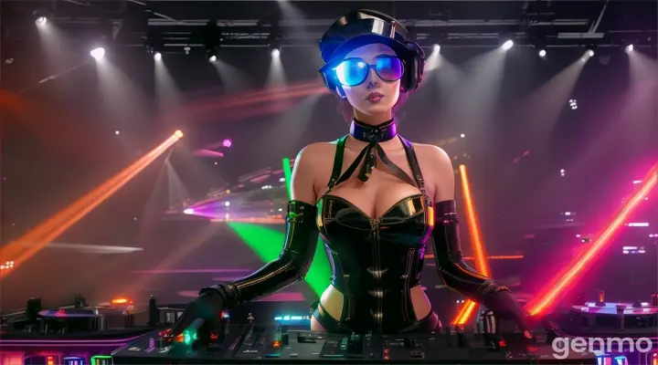 A slender woman with shapely hips and a larger bust than usual, wearing steampunk glasses, shiny headphones and a low-cut latex swimsuit, stands near a DJ mixing console and an electric piano in a steampunk club. Minimal clothing. Laser beams of bright colors against the background of large television screens. "FPV drone shot"