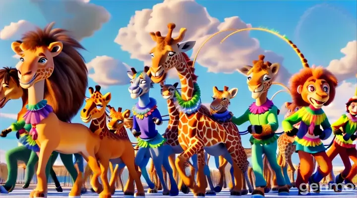 a group of cartoon characters with a lion and giraffe