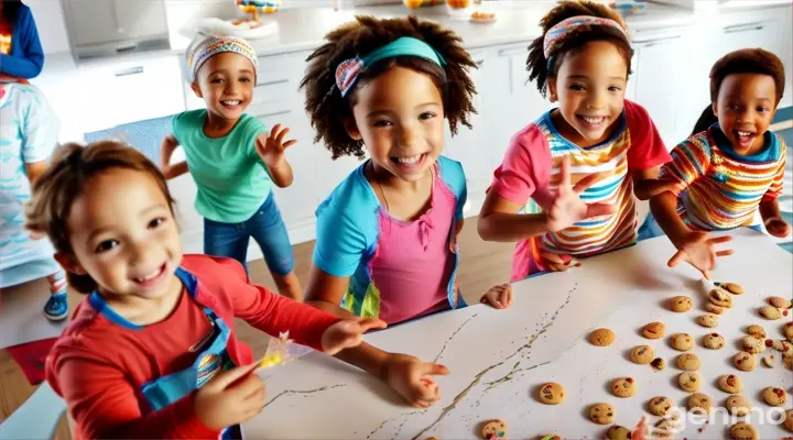 a group of children standing around a table with cookies on it