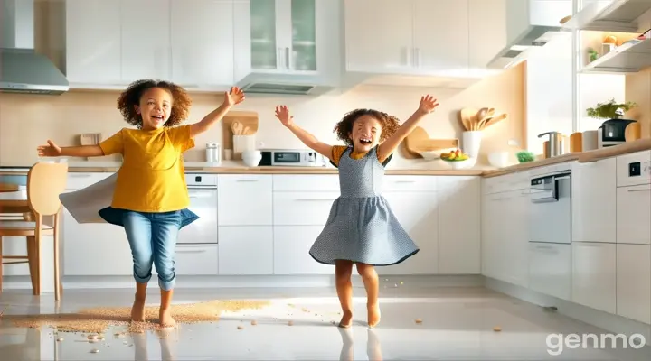 two young girls jumping in the air in a kitchen