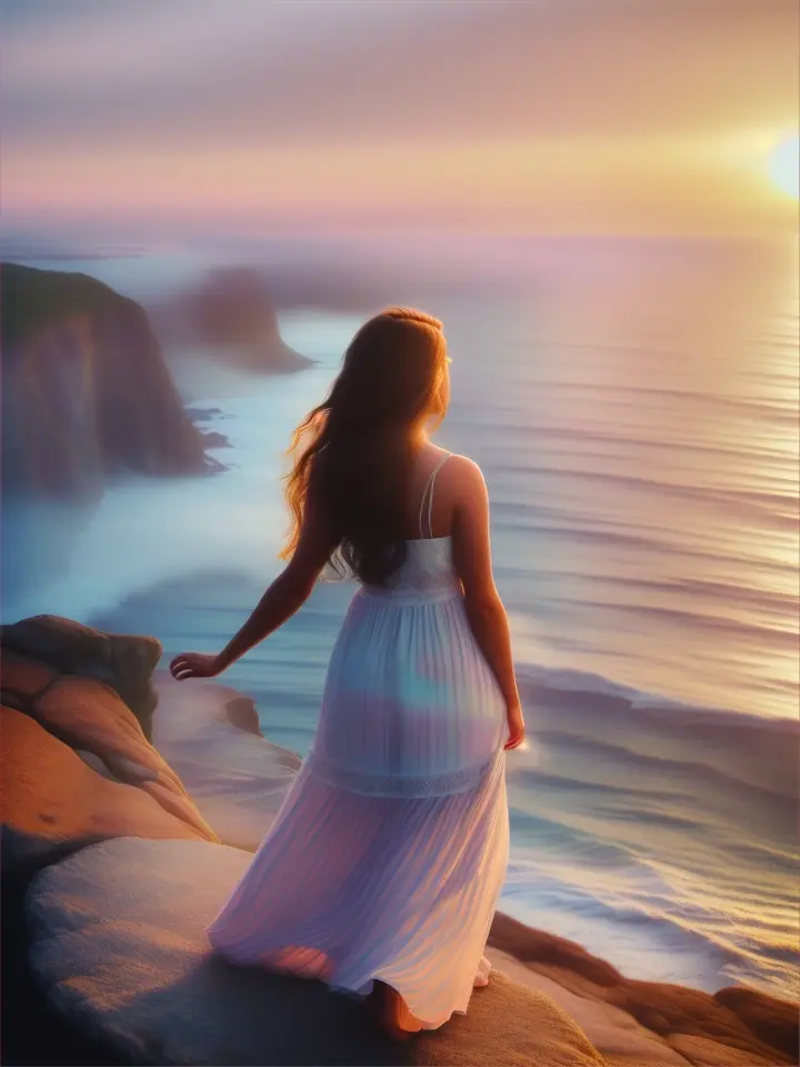 A romantic woman in a flowing sundress standing on a cliff, looking at a dreamy, surreal sea with a mist rising from the water