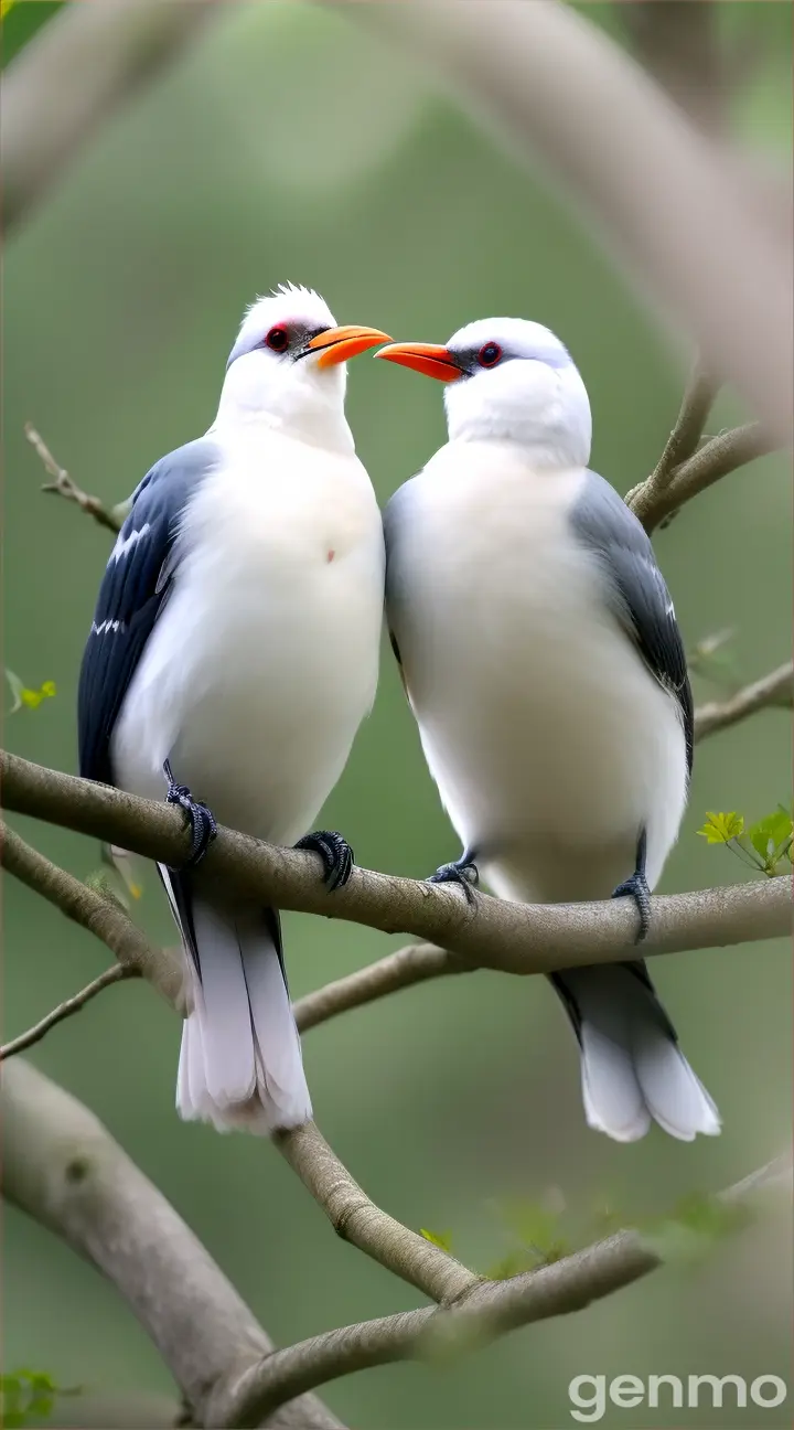 A pair of white frontend nunbird mating on a flowery branch 