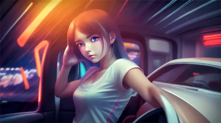 a girl in a white t-shirt looks straight into the camera and reaches out her hand to it --anime style --background - car interior, neon city on fire, heavy rain and wind, night --extreme long shot --close-up --dutch angle