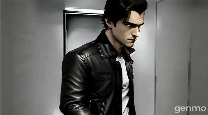 Lucas, a 35-year-old white man with short, slightly messy brown hair and light stubble, enters a dimly lit apartment building. He wears a dark brown leather jacket over a gray t-shirt, dark jeans, and black shoes. His expression shows a mix of tiredness and suspicion, with light brown eyes scanning the shadowy entrance. He stands about 1.80m tall, with a medium build and a slightly tense posture as he cautiously looks around."