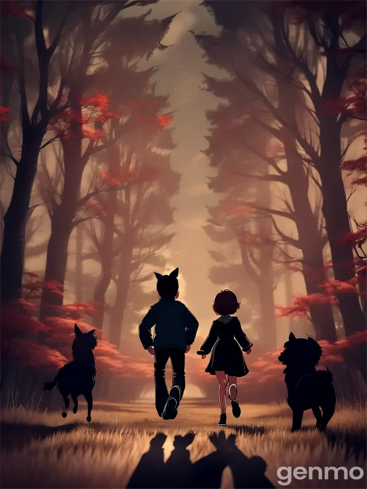 Generate animation video The friends running in fear through the darkened forest, with wide eyes and panic on their faces. The forest around them appears threatening, with shadows creeping in from every side. The eerie red-eyed dog remains in the background, watching them.