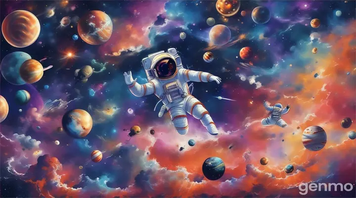 a painting of an astronaut floating in space surrounded by planets