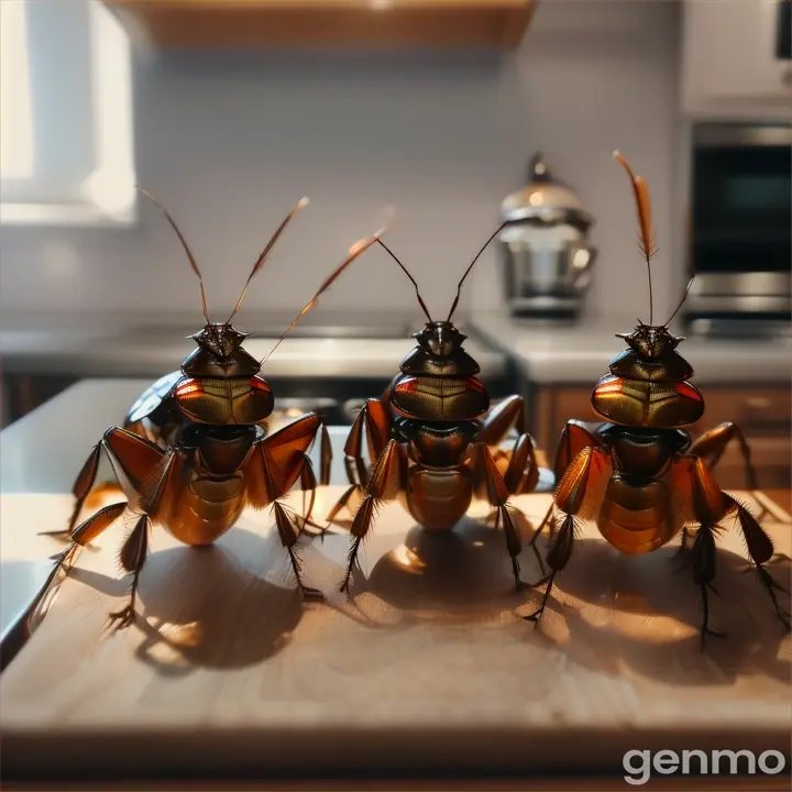 A group of cockroach insects, standing upright on two legs in a row dancing on a kitchen counter with different food on cutting boards and dishes to be prepared for dinner.
