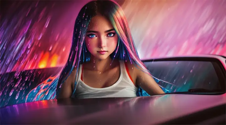 incide a car a girl in a white t-shirt looks straight into the camera and reaches out her hand to it --anime style --background - car interior, water on fire, rainy night --close-up --dutch angle 