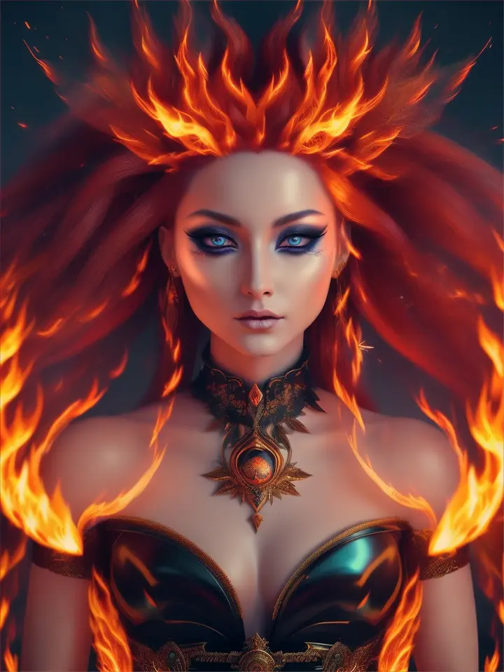 "legendary fire goddess", huge flaming hair, smoke, embers, sparks, head and shoulders portrait, finely drawn eyes, 8k resolution concept art portrait dynamic lighting hyperdetailed intricately detailed Splash art trending on Artstation Unreal Engine 5 volumetric lighting