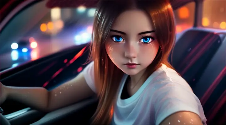 incide a car a girl in a white t-shirt looks straight into the camera and reaches out her hand to it --anime style --background - car interior, water on fire, rainy night --close-up --dutch angle