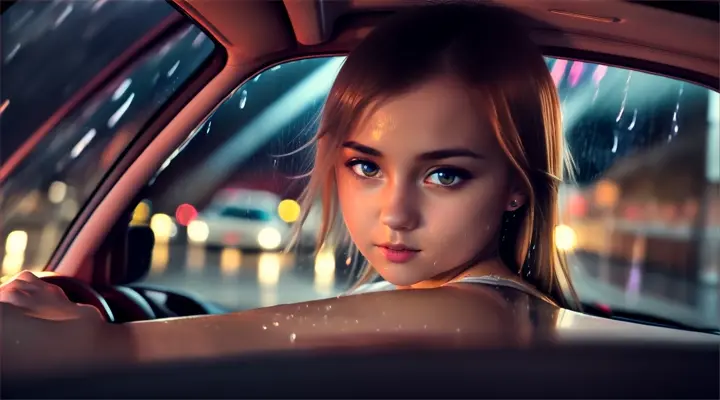 incide a car a girl in a white t-shirt looks straight into the camera and reaches out her hand to it --anime style --background - car interior, water on fire, rainy night --close-up --dutch angle