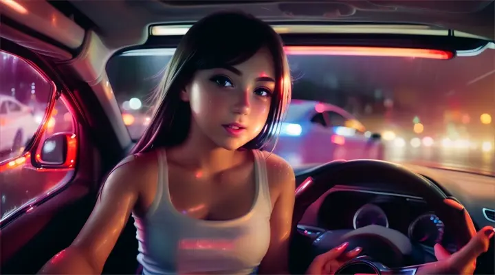 incide a car a girl in a white t-shirt looks straight into the camera and reaches out her hand to it, opens his mouth slightly --anime style --background - car interior, water on fire, rainy night --close-up --dutch angle
