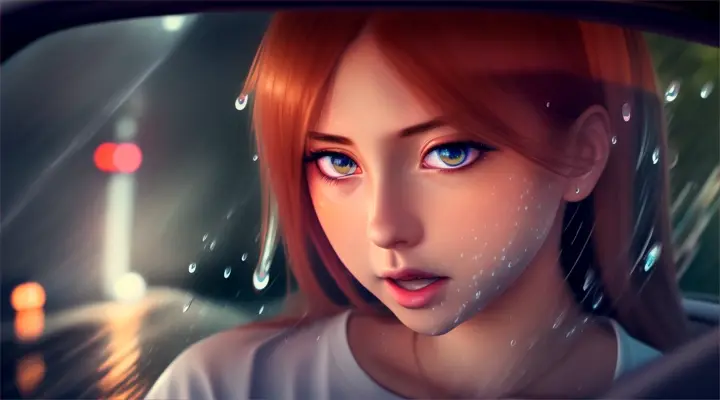incide a car a girl in a white t-shirt looks straight into the camera and reaches out her hand to it, opens her mouth slightly --anime style --background - car interior, water on fire, rainy night --close-up --dutch angle