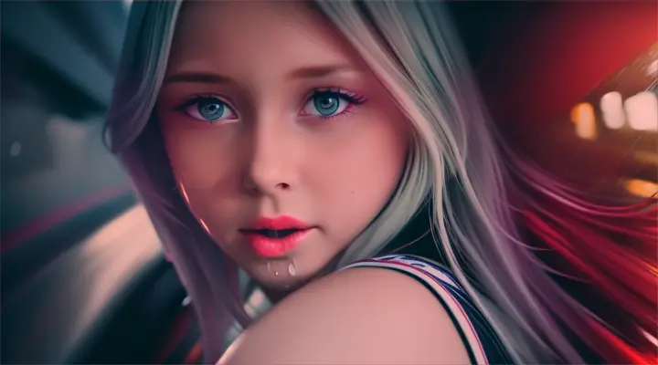 incide a car a girl in a white t-shirt looks straight into the camera and reaches out her hand to it, opens her mouth slightly --anime style --background - car interior, water on fire, rainy night --close-up --dutch angle