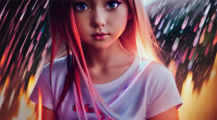 incide a car a girl in a white t-shirt looks straight into the camera and reaches out her hand to it, opens her mouth slightly --anime style --background - car interior, water on fire, rainy night --close-up --dutch angle