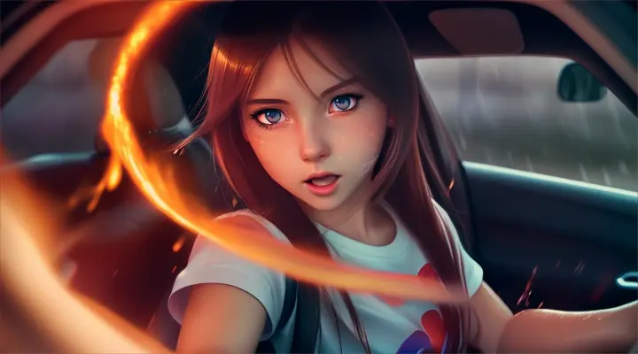 incide a car a girl in a white t-shirt looks straight into the camera and reaches out her hand to it, opens her mouth slightly --anime style --background - car interior, water on fire, rainy night --close-up --dutch angle