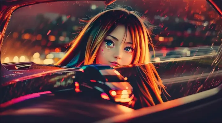 incide a car a girl in a white t-shirt looks straight into the camera and reaches out her hand to it, opens her mouth slightly --anime style --background - car interior, water on fire, rainy night --close-up --dutch angle