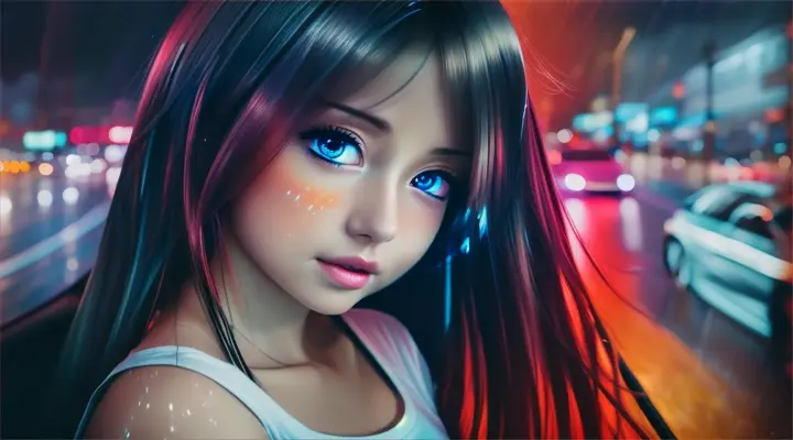 incide a car a girl in a white t-shirt looks straight into the camera and opens her mouth slightly --anime style --background - car interior, water on fire, rainy night --close-up --dutch angle