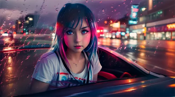 incide a car a girl in a white t-shirt looks straight into the camera and opens her mouth slightly --anime style --background - car interior, water on fire, rainy night --close-up --dutch angle