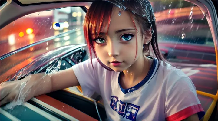 incide a car a girl in a white t-shirt looks straight into the camera and opens her mouth slightly --anime style --background - car interior, water on fire, rainy night --close-up --dutch angle
