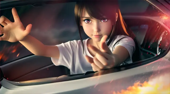 incide a car a girl in a white t-shirt looks straight into the camera and reaches out her hand to it --anime style --background - car interior, water on fire, rainy night --close-up --dutch angle