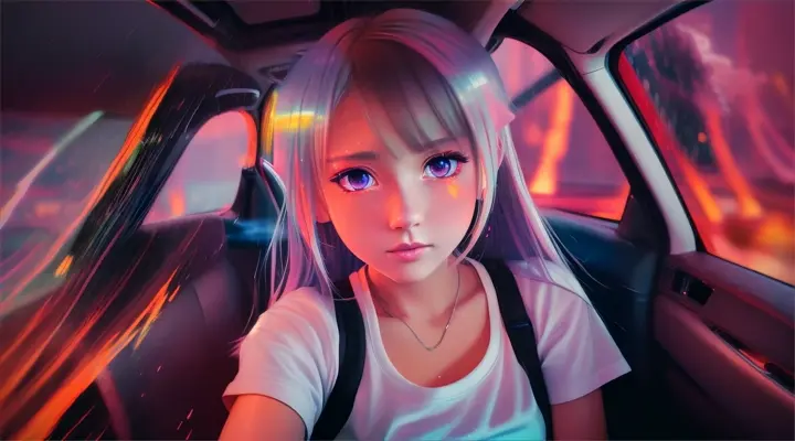 incide a car a girl in a white t-shirt looks straight into the camera and reaches out her hand to it --anime style --background - car interior, water on fire, rainy night --close-up --dutch angle