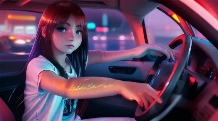 incide a car a girl in a white t-shirt looks straight into the camera and reaches out her hand to it --anime style --background - car interior, water on fire, rainy night --close-up --dutch angle