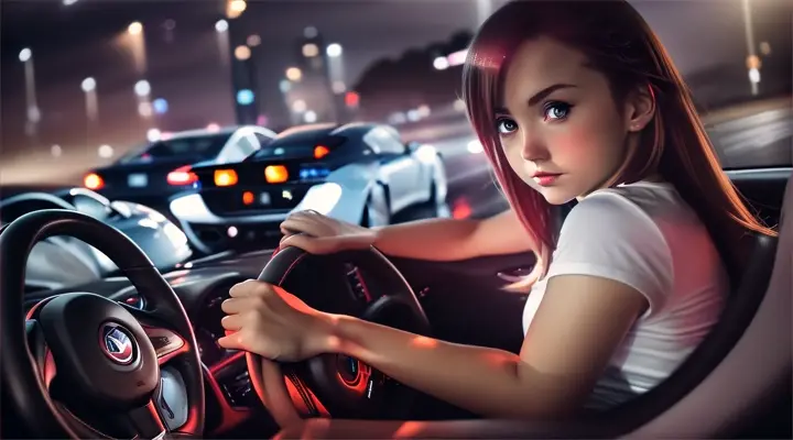 incide a car a girl in a white t-shirt looks straight into the camera and reaches out her hand to it --anime style --background - car interior, water on fire, rainy night --close-up --dutch angle