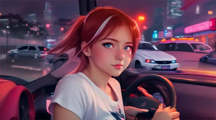 incide a car a girl in a white t-shirt drives a car, looks straight into the camera and winks --anime style --background - car interior, neon city on fire, rainy night --close-up --dutch angle