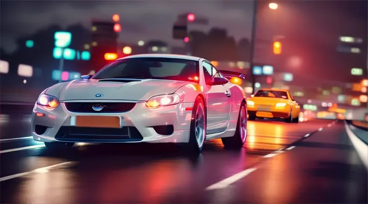 incide a car a girl in a white t-shirt drives a car, looks straight into the camera and winks --anime style --background - car interior, neon city on fire, rainy night --close-up --dutch angle