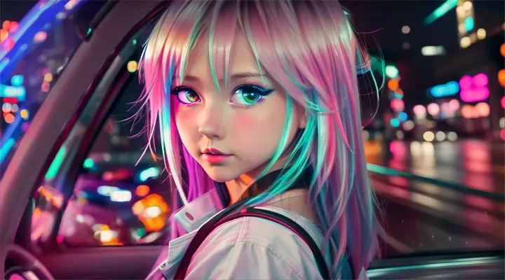 incide a car girl in a white t-shirt drives a car, looks straight into the camera and blinks an eye --anime style --background - car interior, neon city on fire, rainy night --close-up --dutch angle