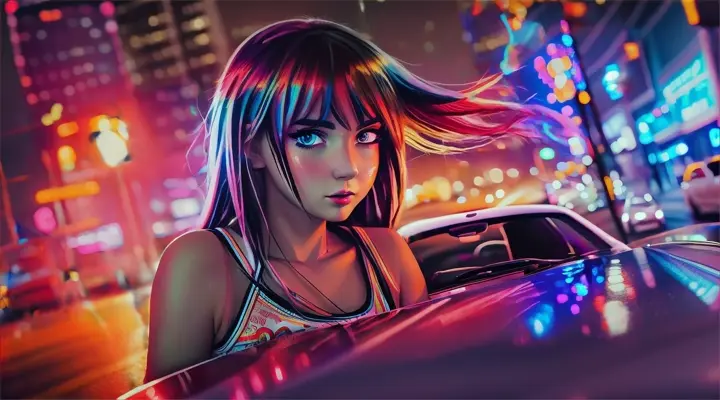 incide a car girl in a white t-shirt drives a car, looks straight into the camera and blinks an eye --anime style --background - car interior, neon city on fire, rainy night --close-up --dutch angle