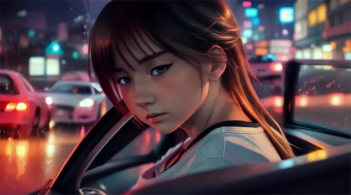 incide a car girl in a white t-shirt drives a car, looks straight into the camera and blinks an eye --anime style --background - car interior, neon city on fire, rainy night --close-up --dutch angle
