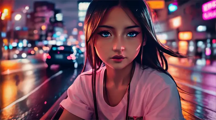 incide a car girl in a white t-shirt drives a car, looks straight into the camera and blinks an eye --anime style --background - car interior, neon city on fire, rainy night --close-up --dutch angle