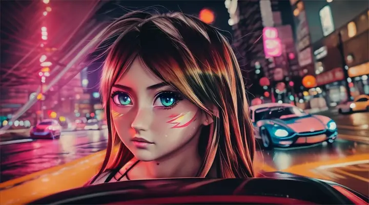 incide a car girl in a white t-shirt drives a car, looks straight into the camera and blinks an eye --anime style --background - car interior, neon city on fire, rainy night --close-up --dutch angle