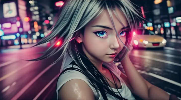 incide a car girl in a white t-shirt drives a car, looks straight into the camera and blinks an eye --anime style --background - car interior, neon city on fire, rainy night --close-up --dutch angle