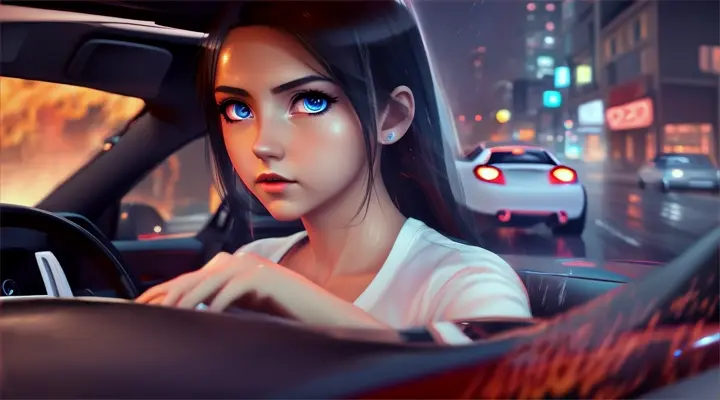 incide a car girl in a white t-shirt drives a car, looks straight into the camera and blinks an eye --anime style --background - car interior, neon city full of fire, rainy night --close-up --dutch angle