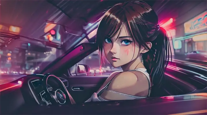 incide a car girl in a white t-shirt drives a car, looks straight into the camera and blinks an eye --anime style --background - car interior, neon city full of fire, rainy night --close-up --dutch angle