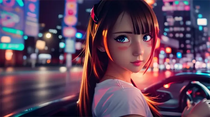 incide a car girl in a white t-shirt drives a car, looks straight into the camera and blinks an eye --anime style --background - car interior, neon city full of fire, rainy night --close-up --dutch angle