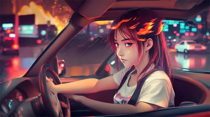 girl in a white t-shirt behind the wheel drives a car, girl's hands on the steering wheel of a car --anime style --background - car interior, neon city full of fire & flame, rainy night --close-up --dutch ang