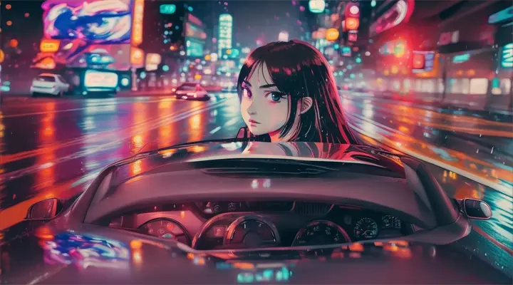 girl in a white t-shirt behind the wheel drives a car, girl's hands on the steering wheel of a car --anime style --background - car interior, neon city full of fire & flame, rainy night --close-up --dutch ang