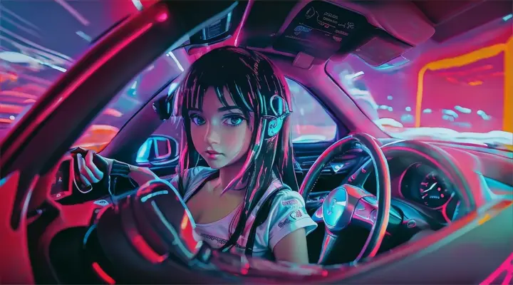 girl in a white t-shirt behind the wheel drives a car, girl's hands on the steering wheel of a car --anime style --background - car interior, neon city full of fire & flame, rainy night --close-up --dutch ang