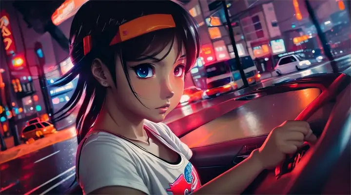 girl in a white t-shirt behind the wheel drives a car, girl's hands on the steering wheel of a car --anime style --background - car interior, neon city full of fire & flame, heavy rain on the street, rainy night --close-up --dutch ang
