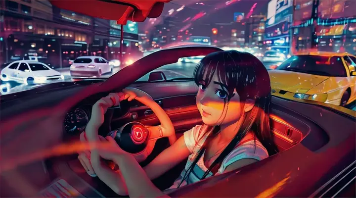 girl in a white t-shirt behind the wheel drives a car, girl's hands on the steering wheel of a car --anime style --background - car interior, neon city full of fire & flame, heavy rain on the street, rainy night --close-up --dutch ang