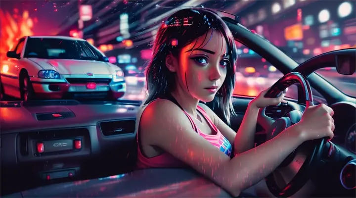 girl in a white t-shirt behind the wheel drives a car, girl's hands on the steering wheel of a car --anime style --background - car interior, neon city full of fire & flame, heavy rain on the street, rainy night --close-up --dutch ang