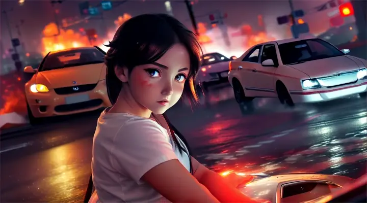 girl in a white t-shirt behind the wheel drives a car, crashes into another car --anime style --background - car interior, neon city full of fire & flame, heavy rain on the street, rainy night --close-up --dutch ang